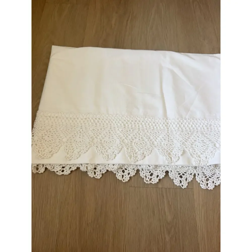 Vintage Hand Crochet Lace Flat Sheet King White Cotton